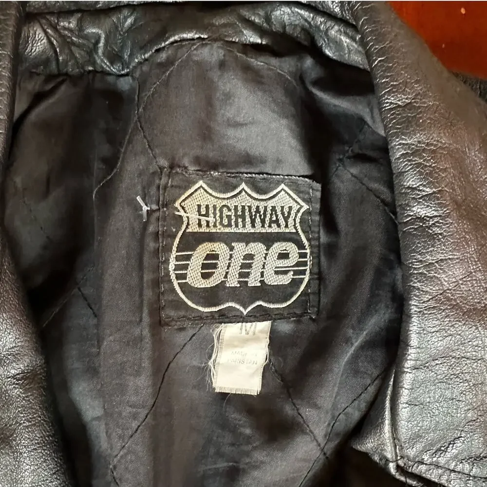 Vintage Highway One Motorcycle Black Moto Jacket M Oversized Belted Lined